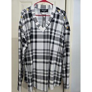 Plaid Black & White Long Sleeve V-Neck Top With Gold Button Accents 3X Inner Cir